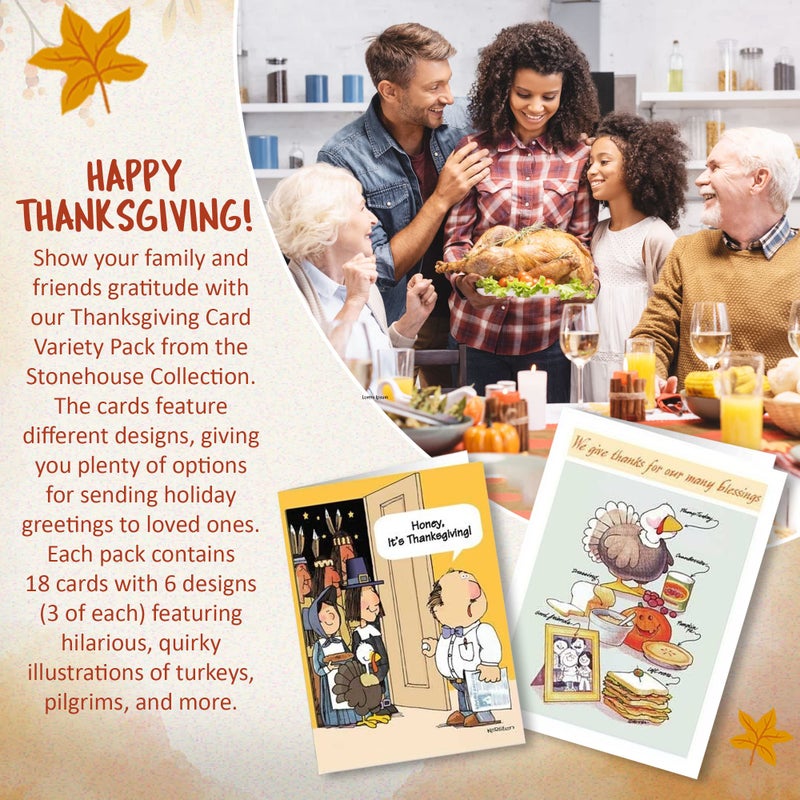Stonehouse Collection Thanksgiving Cards (Variety Pack) - Set of 18 Boxed Cards & 19 White Envelopes, 5x7 Folded Greeting Card with 6 Unique Designs, Funny Thanksgiving Cards - Image 4